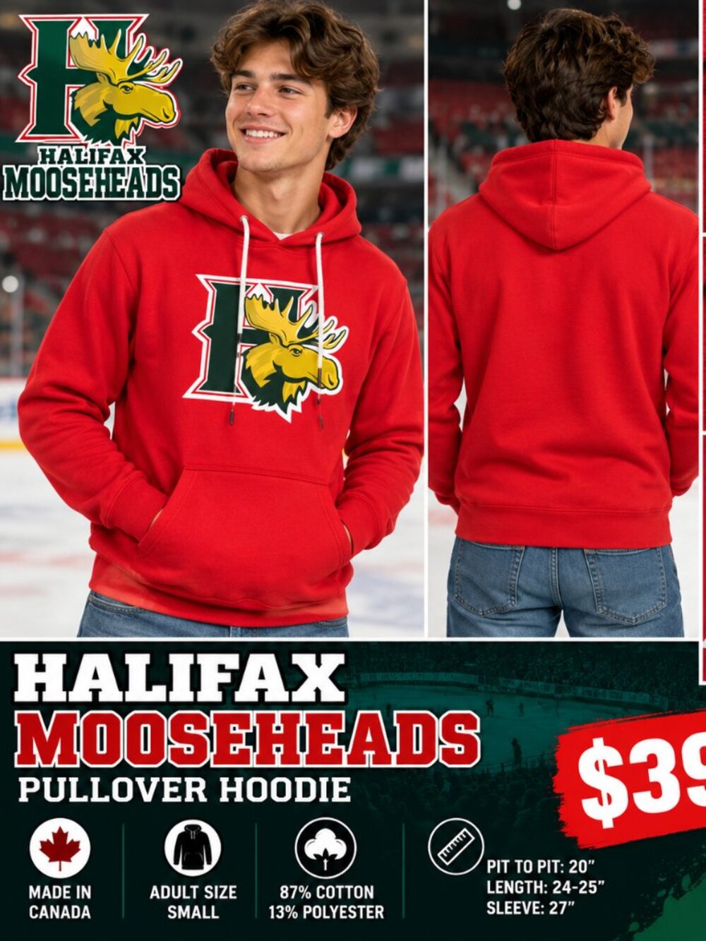 Halifax Mooseheads Red Hoodie Adult Small Made in Canada QMJHL